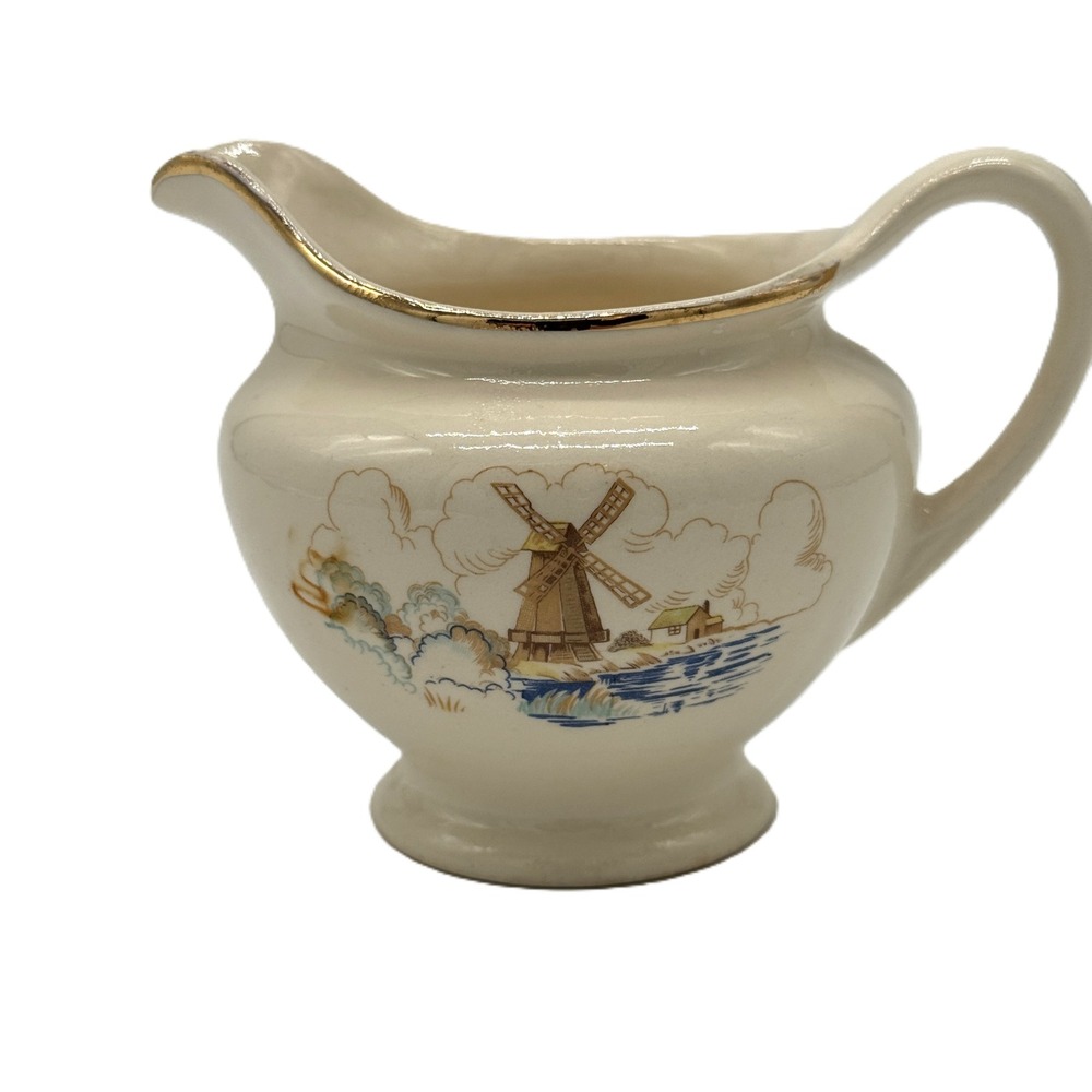 Vintage Windmill Scene Ceramic Creamer Pitcher Gold Rim Cream Small Dutch Style
